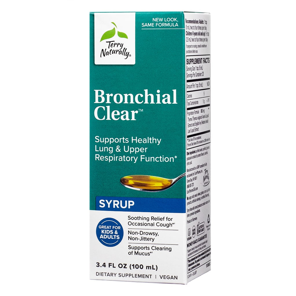 A green and white bottle of "Bronchial Clear™ Syrup" designed for healthy lung and upper respiratory function. The packaging highlights that it's great for kids and adults, is non-drowsy, and supports clearing mucus.