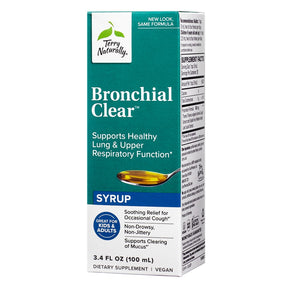 Terry Naturally Bronchial Clear Syrup 3.4 fl oz box, green and white liquid supplement packaging with spoon graphic