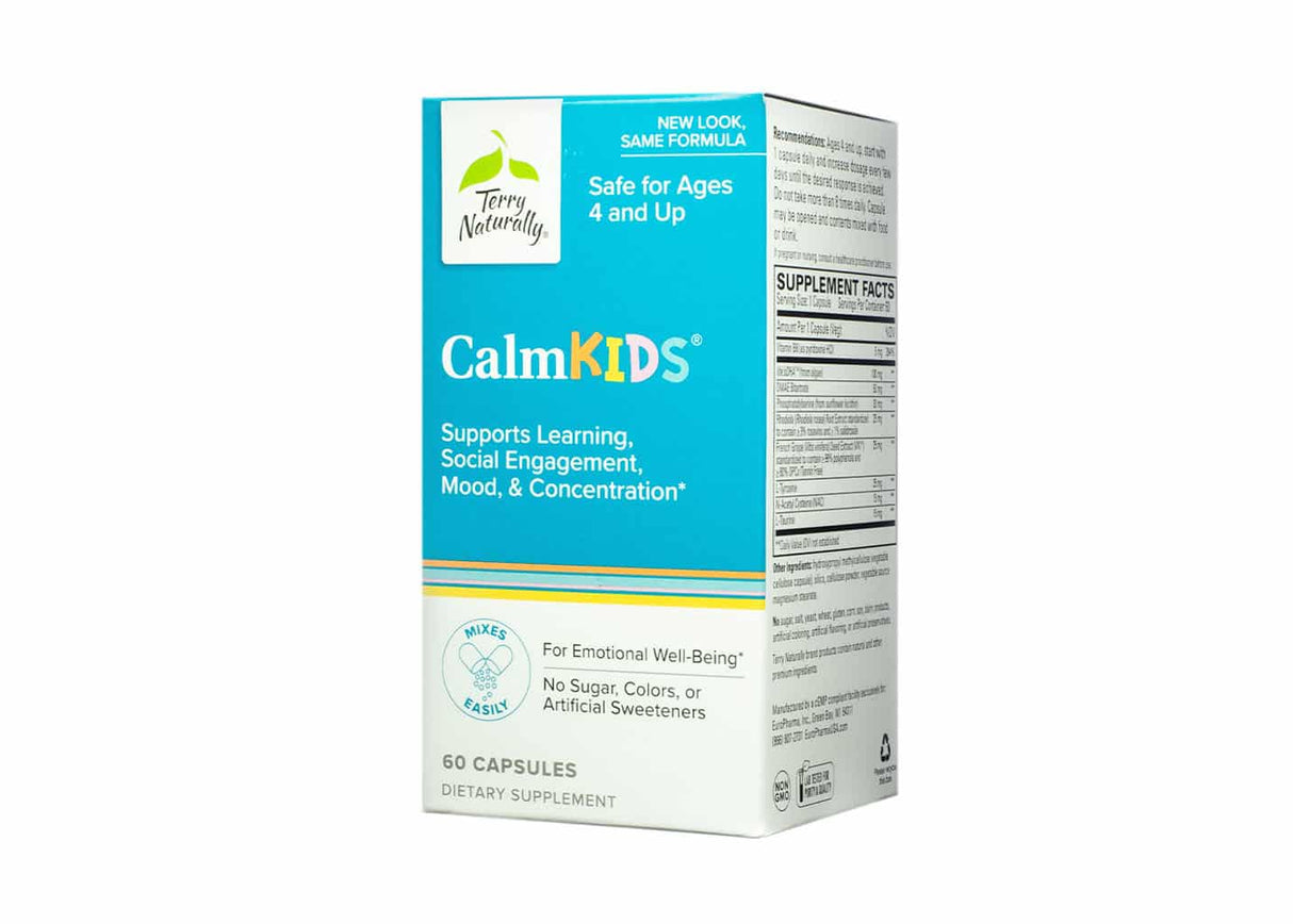 A box of Terry Naturally Calm Kids dietary supplement, featuring a bright blue and white design. The label states it is safe for ages 4 and up and supports learning, social engagement, mood, and concentration. It contains 60 capsules, mixes easily, and has no sugar, colors, or artificial sweeteners.