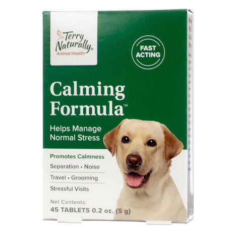 A green box labeled "Terry Naturally Calming Formula," featuring an image of a smiling Labrador. This fast-acting product promotes calmness for pets during separation, noise, travel, or grooming stress, with 45 tablets.