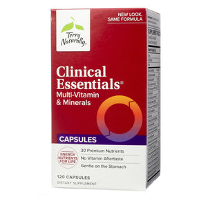 Terry Naturally Clinical Essentials Multi-Vitamin & Minerals capsules, red and white 120-capsule box supplement