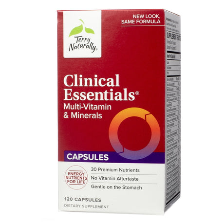 A red and white box labeled "Terry Naturally Clinical Essentials Multi-Vitamin & Minerals." The supplement contains 120 capsules with 30 premium nutrients designed for energy, with no aftertaste and gentle on the stomach.