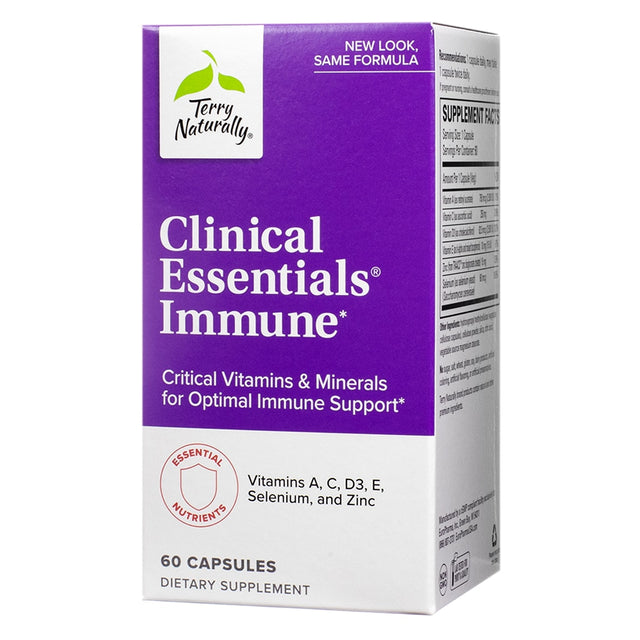 A purple and white box for "Clinical Essentials® Immune" with text emphasizing critical vitamins and minerals for optimal immune support, including vitamins A, C, D3, E, selenium, and zinc.