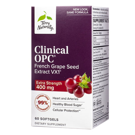 A purple box of Terry Naturally Clinical OPC French Grape Seed Extract VX1 dietary supplement, featuring benefits like heart and artery support, healthy blood sugar, and cellular protection. Contains 60 softgels with 400mg of extra strength polyphenols per serving.