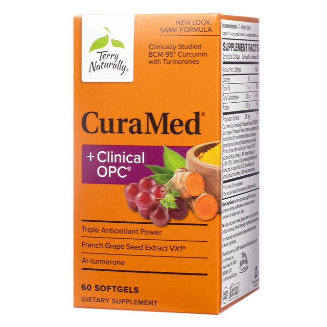 An orange box of CuraMed dietary supplement combined with Clinical OPC, offering triple antioxidant power with French Grape Seed Extract VX1 and BCM-95 Curcumin. Designed to support cellular health and inflammation response, the product features 60 softgels for daily use.