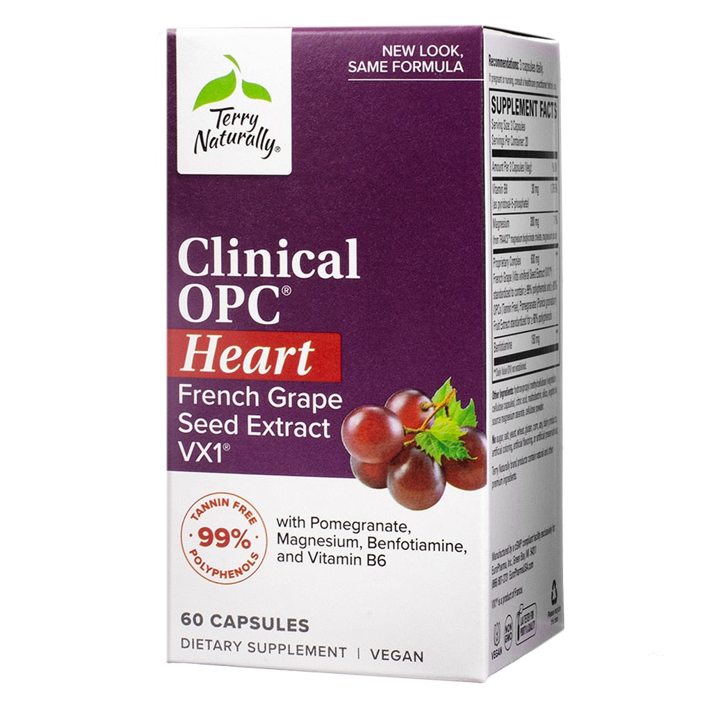 A purple and white box of Terry Naturally Clinical OPC Heart French Grape Seed Extract VX1, promoting heart health with added pomegranate, magnesium, benfotiamine, and Vitamin B6. Includes 60 vegan capsules designed for comprehensive cardiovascular support.