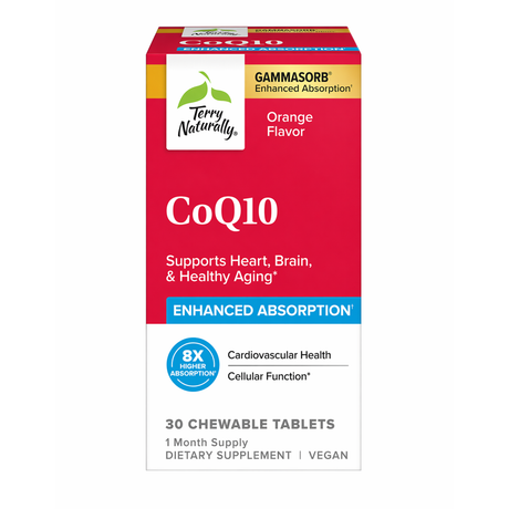 Terry Naturally CoQ10 chewable tablets box, orange flavor, with “Enhanced Absorption” label on a white background.