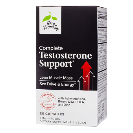 A black and white box labeled "Complete Testosterone Support" by Terry Naturally. It promotes benefits like lean muscle mass, energy, and sex drive with ingredients including Ashwagandha, Boron, DIM, DHEA, and Zinc, offering 30 vegan capsules for a one-month supply.