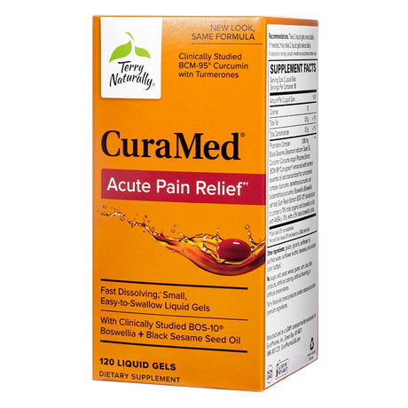 An orange box of CuraMed Acute Pain Relief featuring clinically studied curcumin and Boswellia, promoting rapid pain relief and healthy inflammation response. Contains 120 fast-dissolving liquid gels with black sesame seed oil for enhanced absorption.