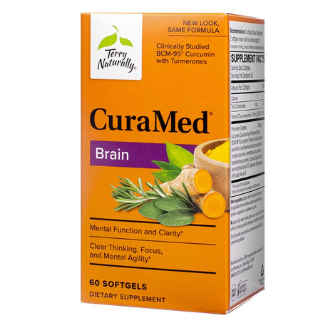 Brightly colored box of Terry Naturally CuraMed Brain supplement, featuring 60 softgels. The packaging emphasizes mental function and clarity, highlighting benefits such as improved focus and mental agility. The design includes images of turmeric and herbal ingredients.