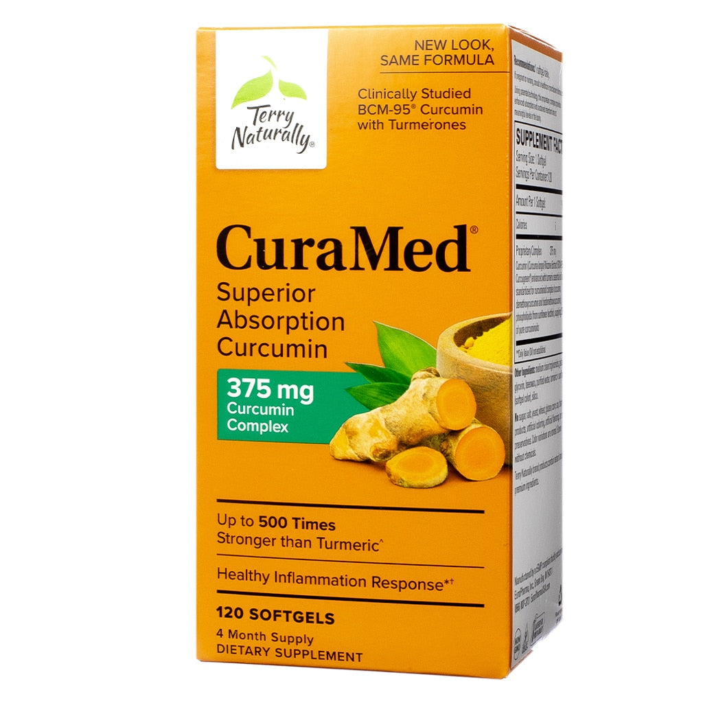 A yellow box labeled "Terry Naturally CuraMed Superior Absorption Curcumin 375 mg Curcumin Complex." It offers a clinically studied curcumin formula, touted as up to 500 times stronger than turmeric, for healthy inflammation response, with 120 softgels.