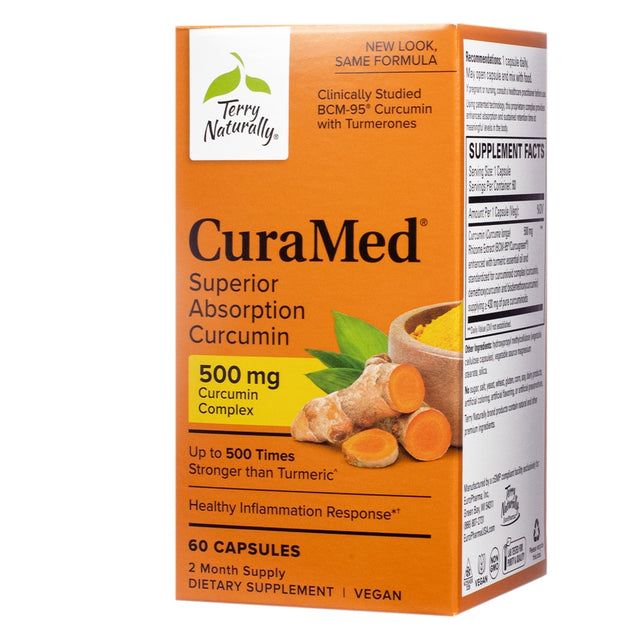 Vegan-friendly Terry Naturally CuraMed 500 mg capsules in a 60-count box. The packaging highlights superior absorption curcumin complex, emphasizing a healthy inflammation response. Features an image of turmeric with a clean and vibrant orange layout.