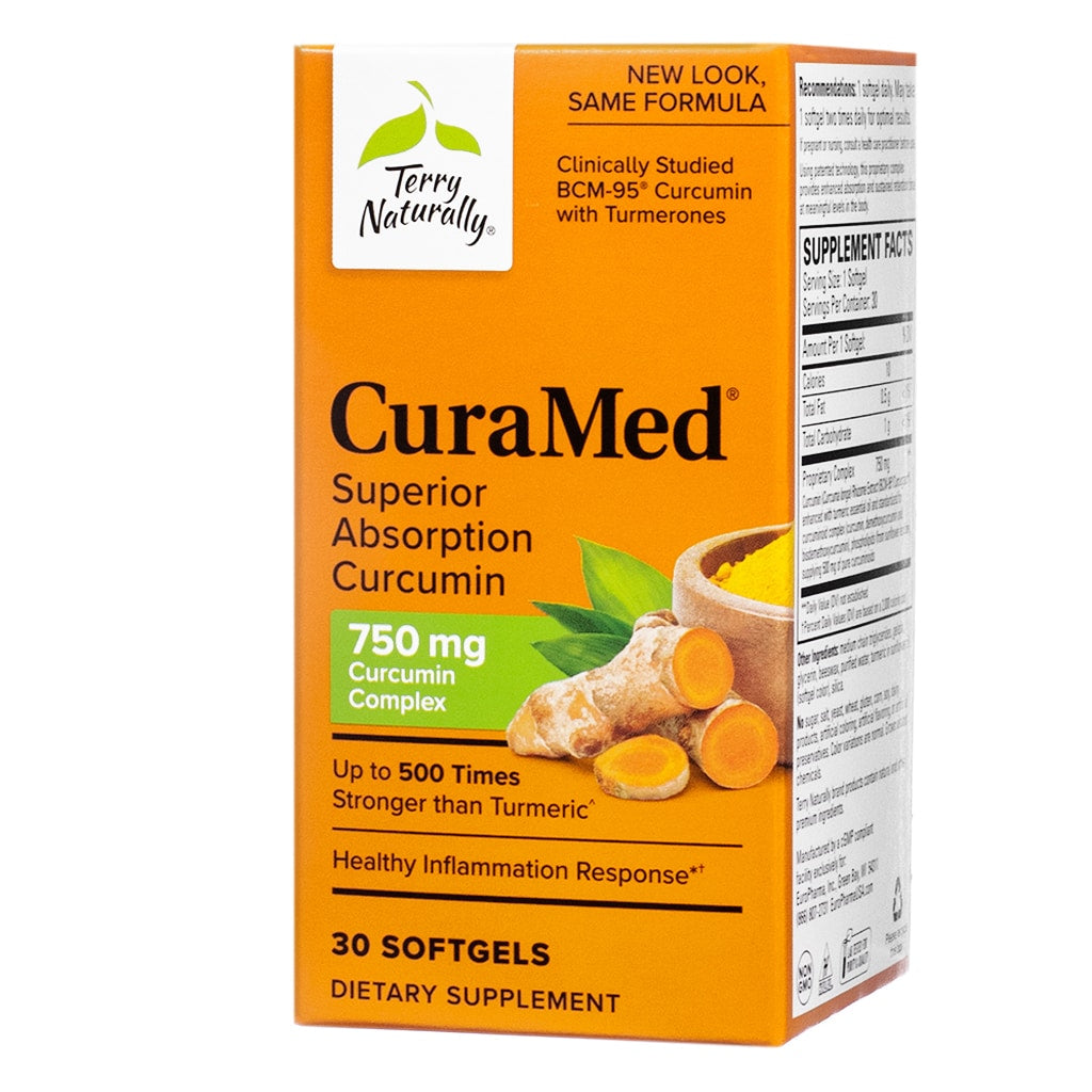 A compact box of Terry Naturally CuraMed Softgels with 750 mg of curcumin complex, containing 30 softgels. The packaging promotes health benefits such as inflammation response, with vibrant turmeric imagery against an orange background.