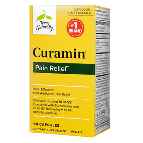 Terry Naturally Curamin Pain Relief 60 capsules yellow box, side supplement facts label visible