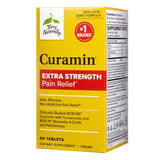 A yellow and red box of Terry Naturally Curamin Extra Strength Pain Relief tablets, highlighting its enhanced pain relief formula with BCM-95 curcumin, Boswellia, and additional ingredients for improved effectiveness and non-addictive benefits.