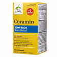 A yellow and blue box of Terry Naturally Curamin Low Back Pain Relief capsules, designed specifically for back pain, with a formula including BCM-95 curcumin, Boswellia, Devil's Claw, White Willow, and DLPA.