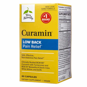 Terry Naturally Curamin Low Back Pain Relief 60 capsules yellow and blue box with supplement facts label side