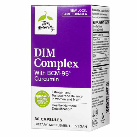 A purple box of Terry Naturally DIM Complex capsules, featuring a hormone-balancing formula for men and women with clinically studied DIM and BCM-95 curcumin to support estrogen and testosterone balance and healthy hormone detoxification.