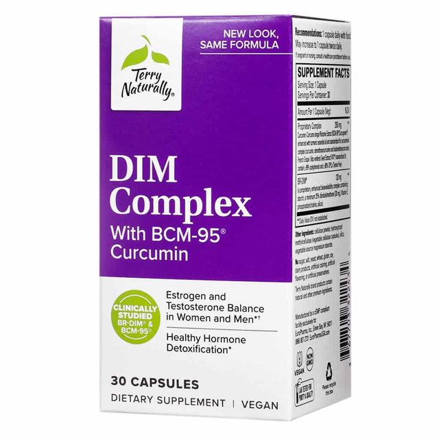 A purple box of Terry Naturally DIM Complex capsules, featuring a hormone-balancing formula for men and women with clinically studied DIM and BCM-95 curcumin to support estrogen and testosterone balance and healthy hormone detoxification.