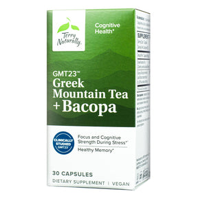 Terry Naturally GMT23 Greek Mountain Tea + Bacopa 30 capsules green and white supplement box