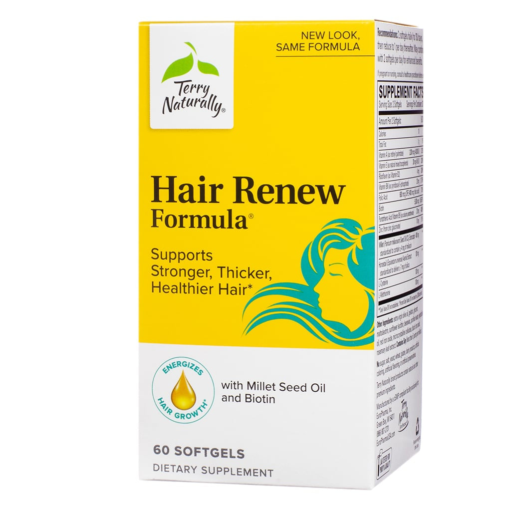 A bright yellow and white box labeled "Hair Renew Formula" by Terry Naturally. It supports stronger, thicker, and healthier hair with Millet Seed Oil and Biotin, containing 60 softgels as a dietary supplement.