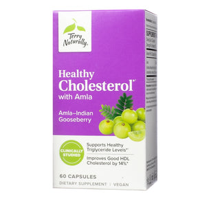 Terry Naturally Healthy Cholesterol with Amla 60 capsules purple box with amla fruit, dietary supplement label
