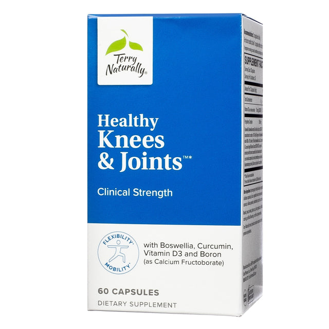 A blue box labeled "Terry Naturally Healthy Knees & Joints Clinical Strength," featuring boswellia, curcumin, vitamin D3, and boron. The supplement supports flexibility and mobility with 60 capsules.