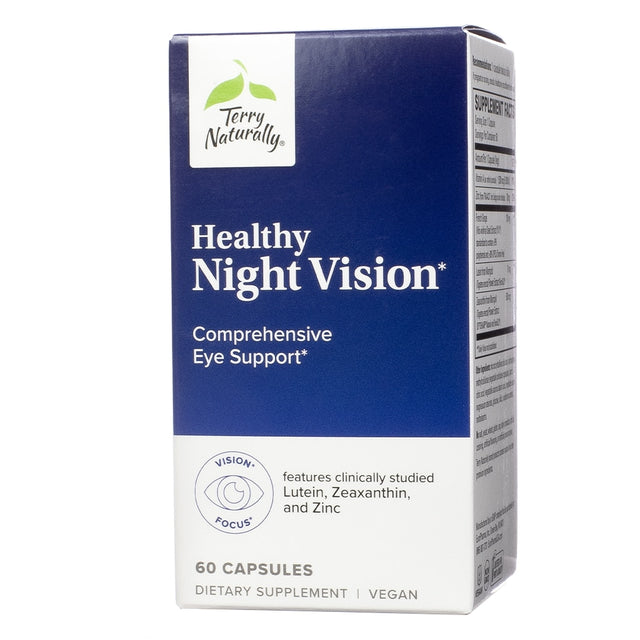 A blue box labeled "Terry Naturally Healthy Night Vision," promoting comprehensive eye support. Contains 60 vegan capsules with clinically studied lutein, zeaxanthin, and zinc for vision health.