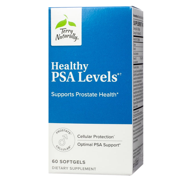 Terry Naturally Healthy PSA Levels, a dietary supplement supporting prostate health with cellular protection and PSA support, available in 60 softgels.