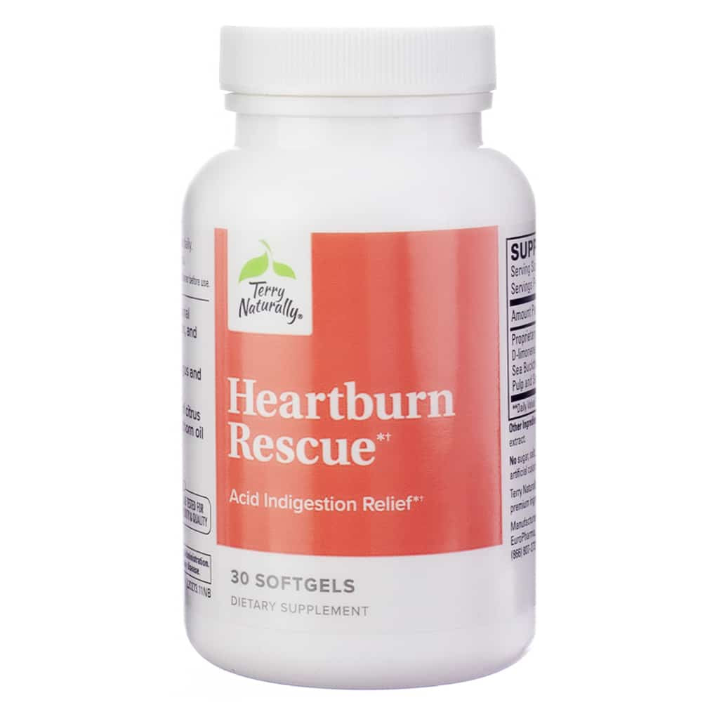 A white bottle labeled "Terry Naturally Heartburn Rescue" with a red label, offering acid indigestion relief in 30 softgels. The product is a dietary supplement for soothing digestive discomfort.