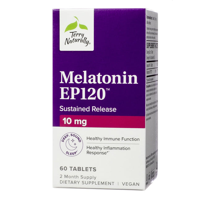 Purple and white box of Terry Naturally Melatonin EP120™ Sustained Release, a supplement supporting sleep and inflammation response, containing 60 vegan tablets.