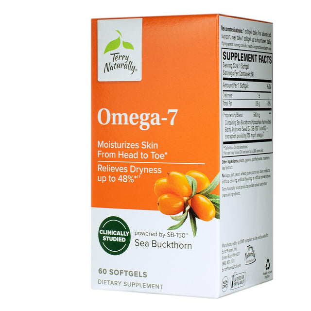 Box of Terry Naturally Omega-7 dietary supplement containing 60 softgels. The orange and white packaging highlights benefits like "Moisturizes Skin From Head to Toe" and "Relieves Dryness up to 48%". Features a sea buckthorn illustration and notes the formula is clinically studied and powered by SB-150™.