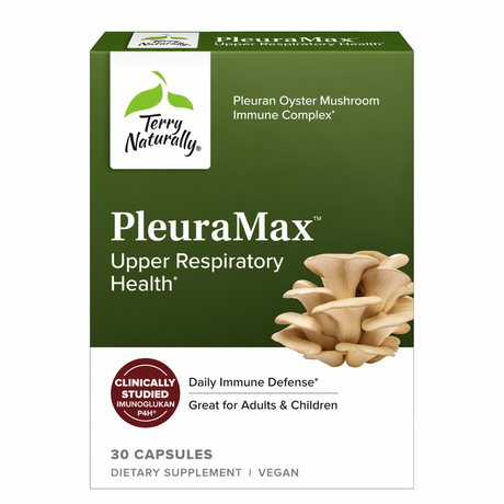 Terry Naturally PleuraMax upper respiratory health supplement box with pleuran oyster mushroom immune complex, 30 capsules, on a white background.