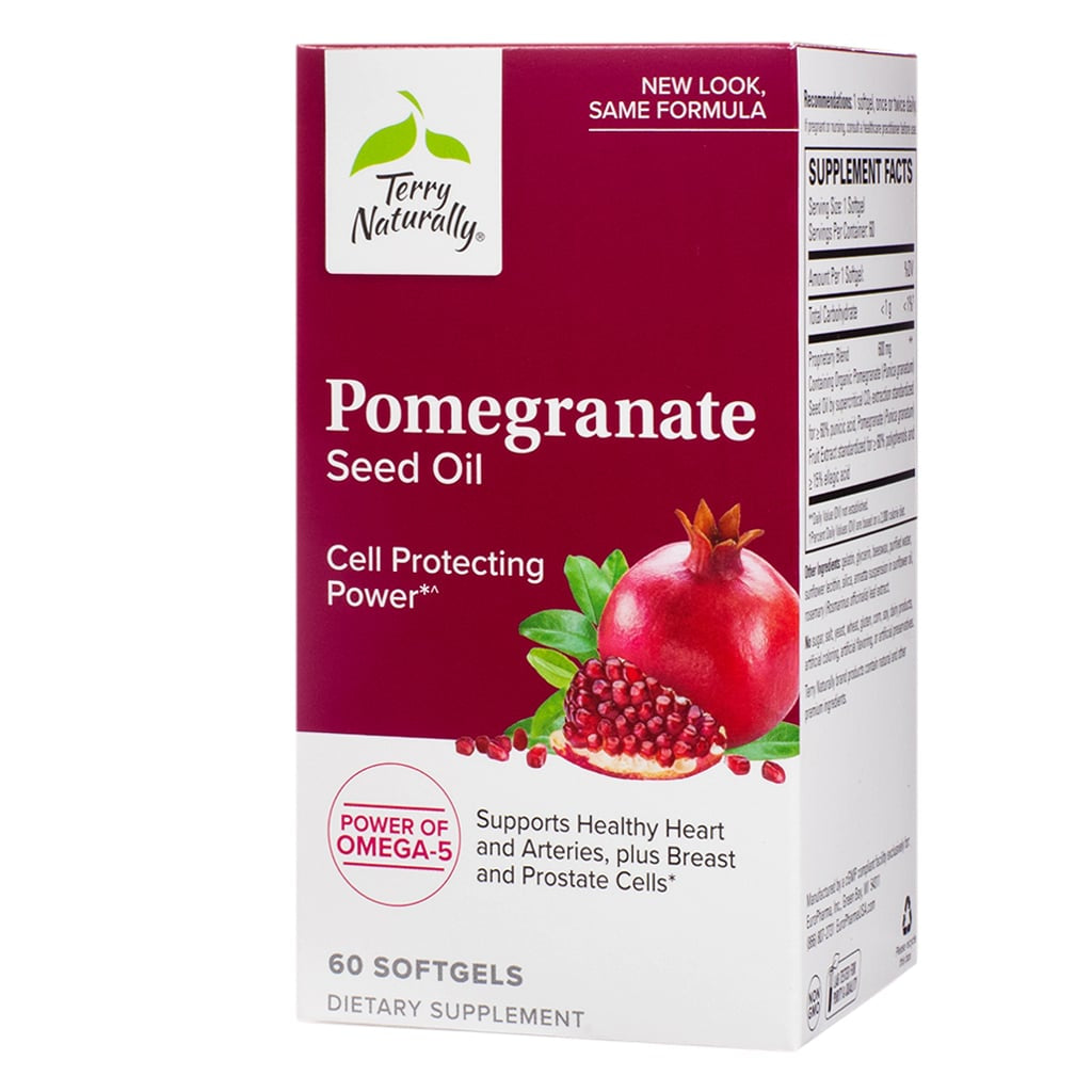 A deep red and white box labeled "Pomegranate Seed Oil" by Terry Naturally. It promotes cell protection and supports heart and artery health, along with prostate and breast cell wellness, providing 60 softgels as a dietary supplement.