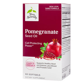 Terry Naturally Pomegranate Seed Oil 60 softgels box, deep red and white packaging with pomegranate graphic