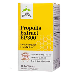 Terry Naturally Propolis Extract EP300 60 capsules box, yellow and white packaging with honeycomb design label