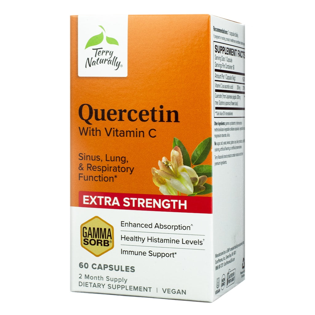 An orange box of Terry Naturally Quercetin with Vitamin C Extra Strength capsules, supporting respiratory health, immune function, and histamine balance with enhanced absorption.