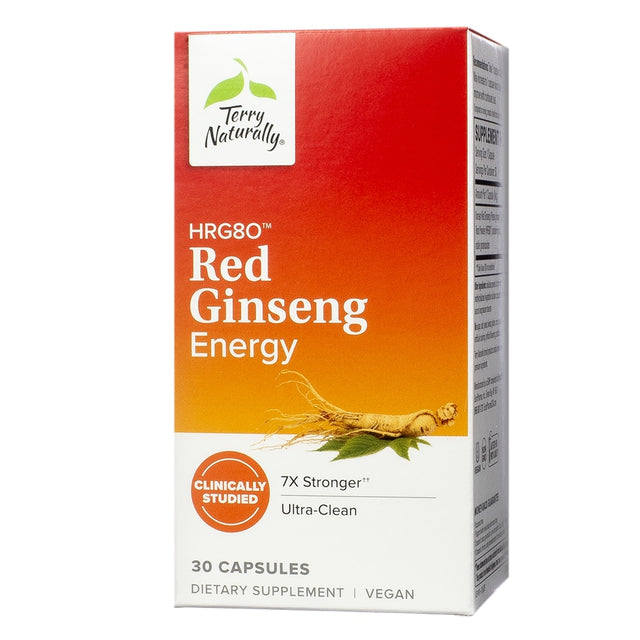 A red and orange box labeled "Terry Naturally HRG80 Red Ginseng Energy," offering clinically studied, ultra-clean ginseng benefits. Contains 30 vegan dietary supplement capsules, noted to be "7X stronger."