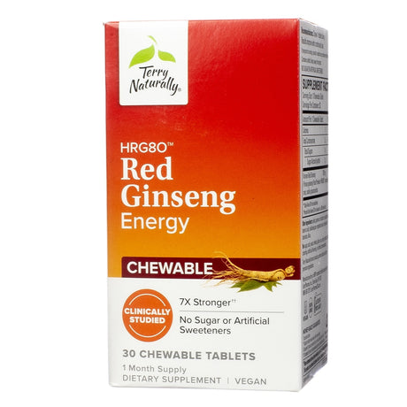 A red and orange box labeled "Terry Naturally HRG80 Red Ginseng Energy Chewable," featuring 30 chewable tablets. Highlighted benefits include being "7X stronger" and free from sugar and artificial sweeteners.