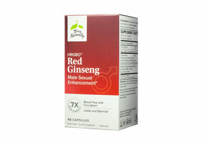 A box of Terry Naturally HRG80 Red Ginseng dietary supplement, designed for male sexual enhancement. The red and white packaging states benefits like improved blood flow, circulation, libido, and stamina, and notes the formula is 7x more powerful. The product contains 48 vegan capsules, labeled as a 16-day supply