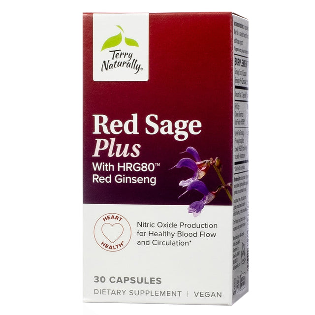 A maroon box labeled "Terry Naturally Red Sage Plus," combining HRG80 Red Ginseng with nitric oxide production benefits. This dietary supplement supports healthy blood flow and circulation in 30 vegan capsules.