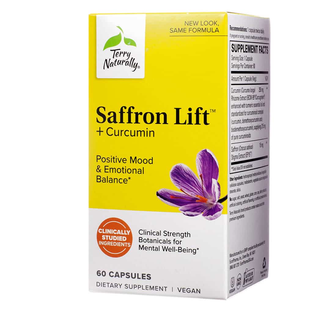 A box of Terry Naturally Saffron Lift + Curcumin dietary supplement with a yellow and white design, featuring a saffron flower illustration. The label promotes support for positive mood and emotional balance, with clinically studied ingredients and 60 vegan capsules. The product claims to use clinical strength botanicals for mental well-being.
