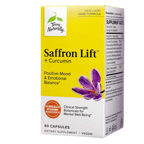 Terry Naturally Saffron Lift + Curcumin 60 capsules box, yellow and white package with purple flower illustration