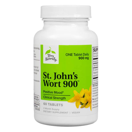 A white bottle with a bright green label displaying "St. John’s Wort 900" by Terry Naturally. The label highlights "Positive Mood" and "Clinical Strength" with a dosage of 900 mg per tablet, providing 60 tablets as a two-month supply.