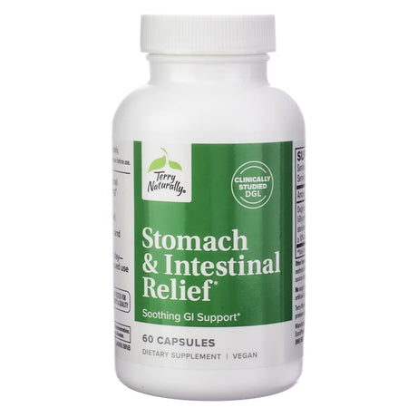 A white bottle labeled "Terry Naturally Stomach & Intestinal Relief" with a green label, promoting soothing GI support in 60 vegan capsules. The product is clinically studied and designed for digestive comfort.