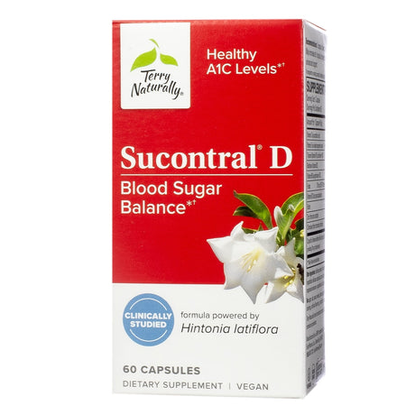 Terry Naturally Sucontral D 120 Capsules, designed for healthy A1C levels and blood sugar balance, powered by clinically studied Hintonia latiflora, in a vibrant red packaging.