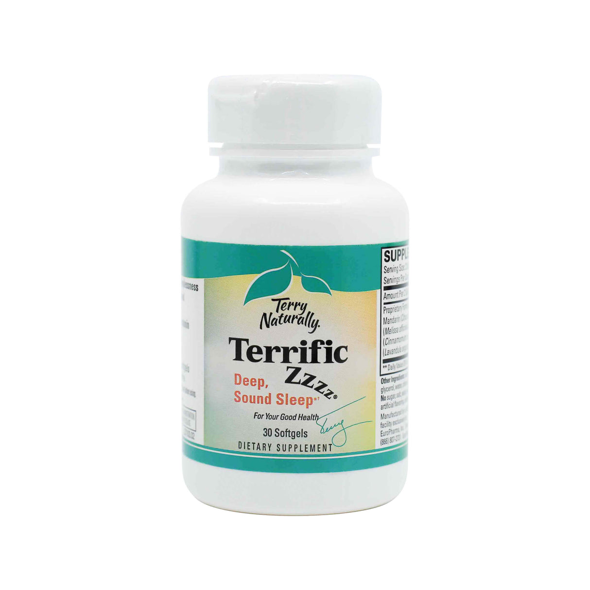 Alt text: A bottle of Terry Naturally Terrific Zzzz dietary supplement, containing 30 softgels. The label highlights its purpose for promoting “Deep, Sound Sleep” and includes the tagline “For Your Good Health” along with a teal and gold color scheme and signature graphic.