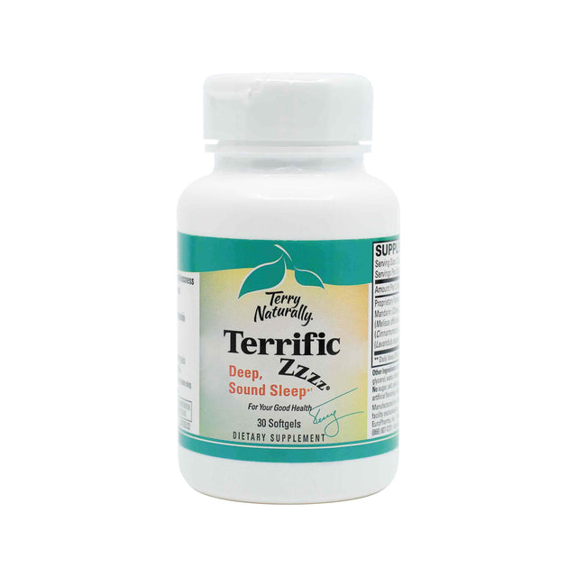 Alt text: A bottle of Terry Naturally Terrific Zzzz dietary supplement, containing 30 softgels. The label highlights its purpose for promoting “Deep, Sound Sleep” and includes the tagline “For Your Good Health” along with a teal and gold color scheme and signature graphic.