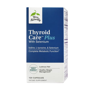 Terry Naturally Thyroid Care Plus with Selenium 120 capsules box, blue and white supplement package with side label