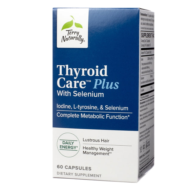 Terry Naturally Thyroid Care Plus with Selenium, 60 Capsules, supporting complete metabolic function and healthy weight management, featuring iodine, L-tyrosine, and selenium in a blue box.